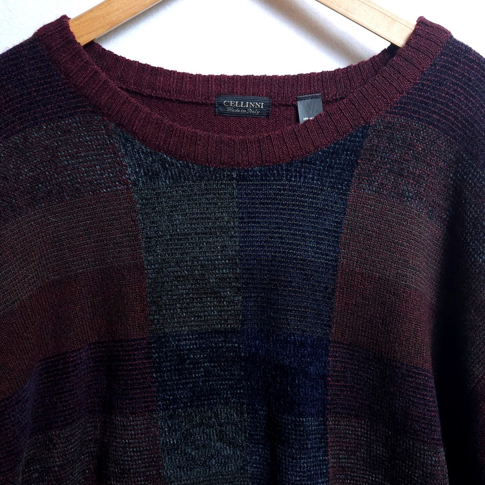 Vintage Cellinni Made in Italy Wool‎ Blend Colorblock Knit Sweater Mens 2XLT 90s